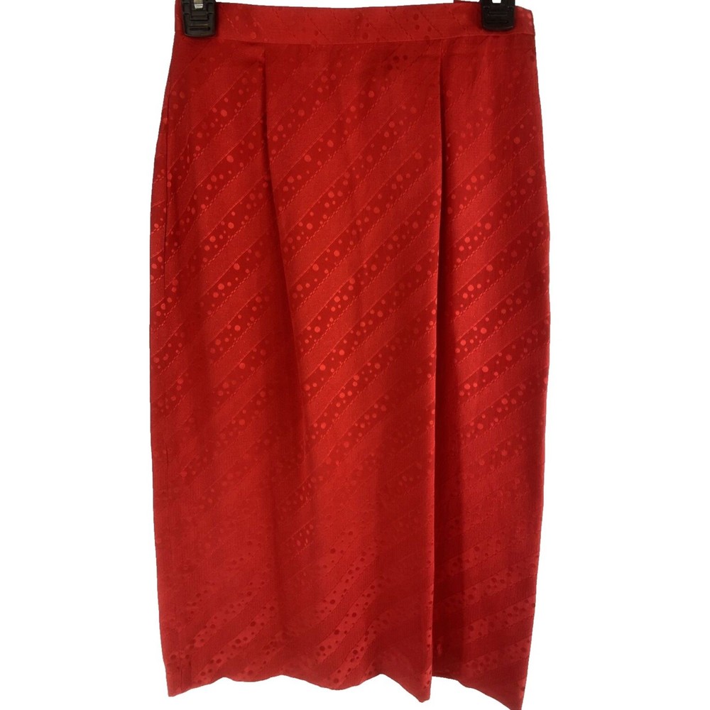 CHR Womens Size 4 Red‎ 100% Silk Skirt Pencil Subtle Stripes Dots Party VTG